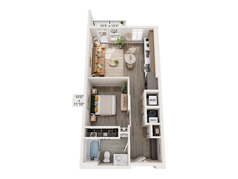 Floor plan for studio, 1 bath, 636 sqft
